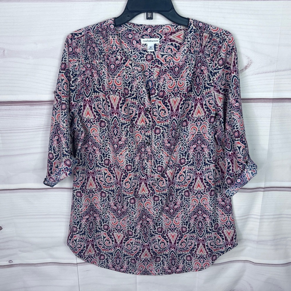 Croft & Barrow Top Womens M Blue Orange Print Blouse Henley Tab Sleeve Woven